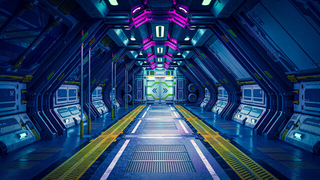 3d illustration. Sci-Fi grunge damaged metallic corridor background