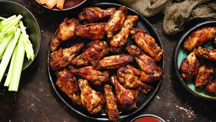 Grilled spicy chicken wings served with tomato and yogurt dips, celery and carrot - Powered by Adobe