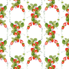 Seamless watercolor food pattern with strawberry kitchen isolated on white background. Good for fabrics,wrapping,kitchen design.