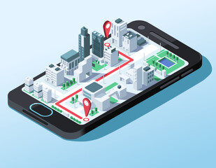 Navigator service application. 3d city map with isometric business center buildings. Taxi service digital technology. Location street point, red line route on screen smart phone. Vector illustration