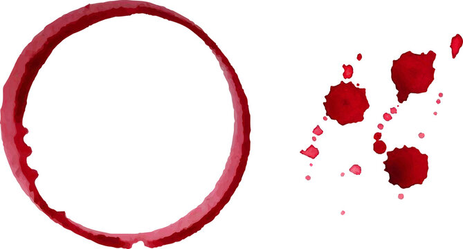 Watercolor round spots of red wine, drops, splashes, spilled wine glass. PNG.