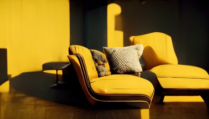 3D Illustration of a modern yellow chair inside the modern living room with a yellow wall