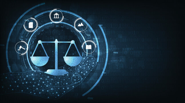 Concept of Internet law design.Cyber Law as digital legal services Labor law, Lawyer, on Dark Blue blurred background.