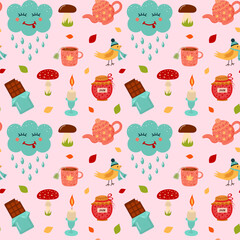Seamless pattern with kawaii cloud, bird, candle, jam, teapot, mug, chocolate, mushrooms and autumn leaves. Perfect for wallpaper, gift paper, pattern fills, web page background, autumn greeting cards