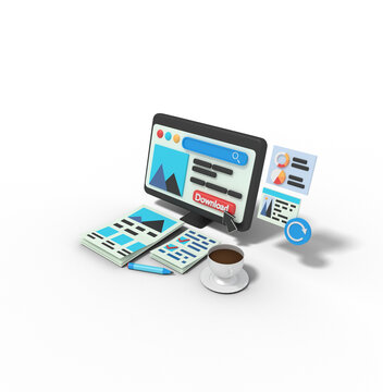 3d Illustration of website download picture developer on computer
