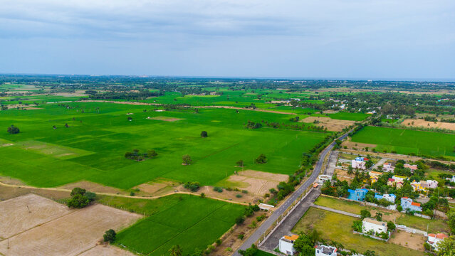 Aerial Photography Drone photography of Chennai and the suburbs in Tamil Nadu India; River bed landscape images of villages; Beach aerial view