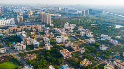 Aerial Photography Drone photography of Chennai and the suburbs in Tamil Nadu India; River bed landscape images of villages; Beach aerial view - obrazy, fototapety, plakaty