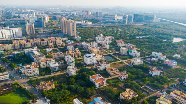 Aerial Photography Drone photography of Chennai and the suburbs in Tamil Nadu India; River bed landscape images of villages; Beach aerial view