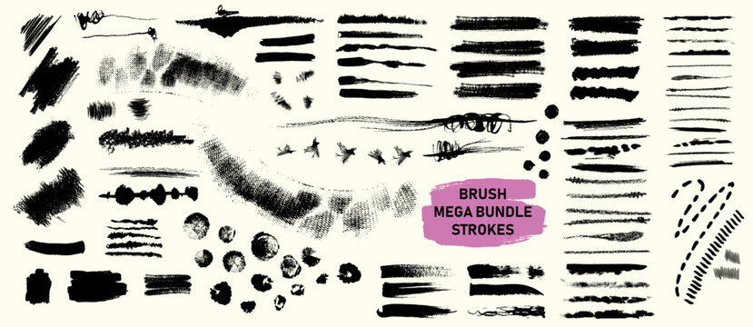 Mega bundle of different ink brush strokes:rectangle,square and round freehand drawings.Ink splatters,grungy painted lines. .Vector paintbrush set