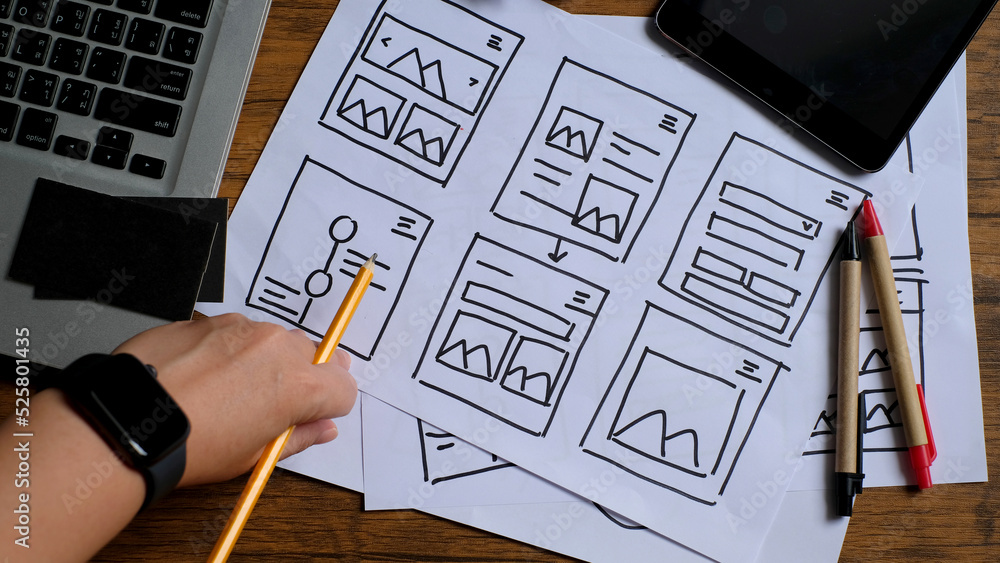 Sticker website design wireframe. sketch, prototype, framework, layout future design project. top view,