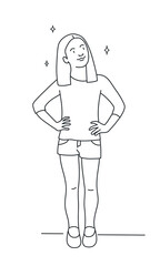 Confident girl with hands on her hips looks forward.