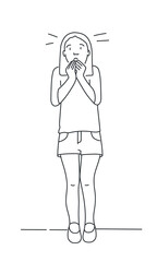Girl standing touching cheeks feeling panic.