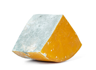 Piece of old expired spoiled mouldy cheese isolated on white background. File contains a path to...
