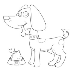 Dog eating bones suitable for children's coloring page vector illustration