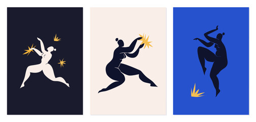 A set of posters, postcards inspired by Matisse. Cutout silhouette of dancing women. Collage in the style of Henri Matisse modern abstract vertical.