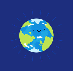 Cartoon planet Earth shining on a blue background. Vector cute illustration of colored globe character isolated. Happy planet Earth of the solar system.