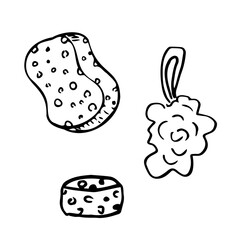 Set of black knitted bath washcloths for washing the body with handles. The vector illustration is isolated. Clipart for design, decor