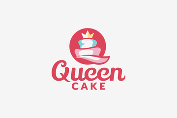 queen cake logo with a combination of a cake, crown, and letter Q.