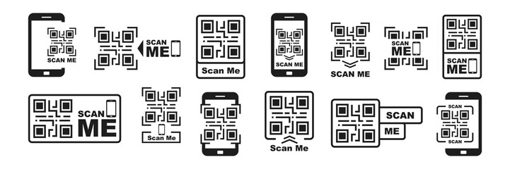 QR code icon set. Scan me vector templates. Smartphone scanning QR code. QR code frame for mobile app, buy, information and pay phone. Scan labels. Vector illustration.