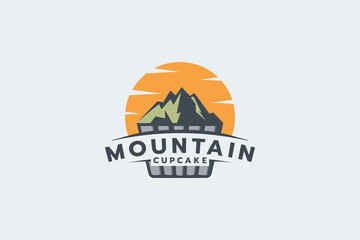 mountain cupcake logo with a combination of a cupcake, a mountain, and sun.