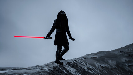 A fantastic assassin in a black suit with a red laser sword against a gray gloomy landscape of a snowy wasteland. dark photo with noise effect