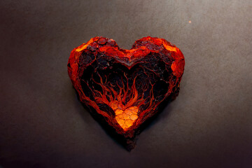Scorching fire in the shape of a heart. Beautiful heart made of fiery lava. Flame symbol of love. An unusual gift for Valentine's Day