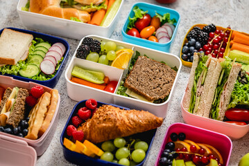 Various of Healthy lunch boxes. Pack for school set in plastic package