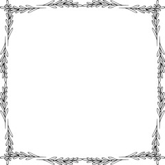 Rosemary. Sketch. A square frame made of fragrant spice sprigs. Vector illustration. Outline on isolated background. Doodle style. Stem with leaves. Idea for web design, menu.