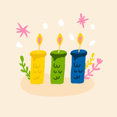 Cute hand-drawn vector illustration with candles and isolated elements. Square birthday card, holiday, greeting card. Social media image