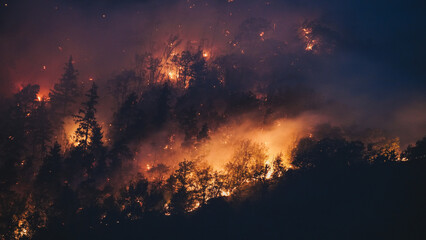 Fototapeta premium Fire in the forest. Strong fire and mist in the forest