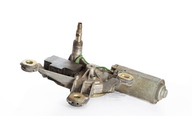 Rear car wiper motor, close-up. Electric motor with wipers on a white background, isolate. Windshield - obrazy, fototapety, plakaty
