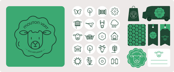Logo label pour entreprise éco-pâturage, tonte des espaces-verts, solution écologique, zérophyto, protection de l'environnement, sauvegarde des espèces, identité de marque, picto, sticker