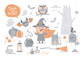 Cartoon funny Halloween set with little witch. Trick or treat.