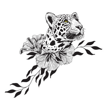 Panther heads in lily flowers. Pencil drawing in a minimalist style, suitable for tattoos, interior decoration, paintings, logo, printing on textiles and t-shirts. Predator.
