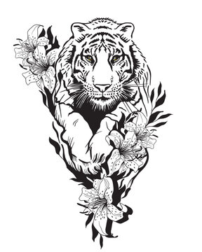Tiger in a jump surrounded by flowers, stylish black and white pencil drawing. Suitable for logo, tattoo, interior decoration, paintings, printing on textiles and t-shirts. Predator Tiger.