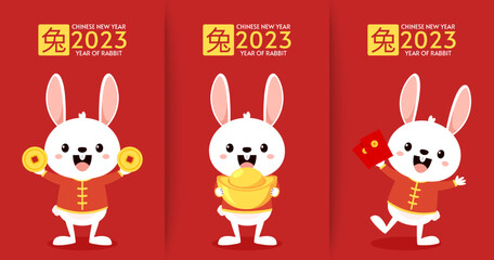 Obraz na płótnie Canvas Happy Chinese new year greeting card 2023 with cute rabbit. Animal holidays cartoon character. Rabbit icon vector. Year of Rabiit.