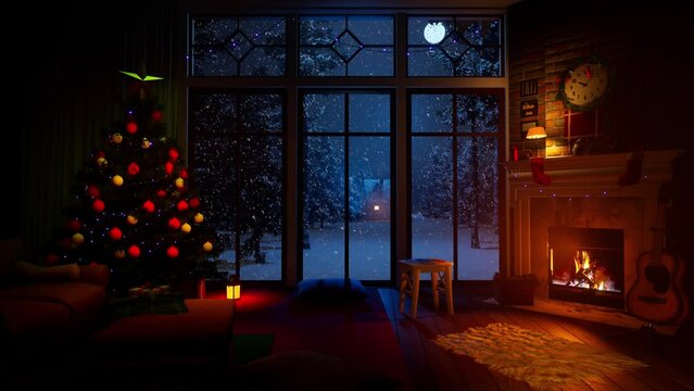 Christmas evening near the New Year tree and a cozy fireplace, in front of the window behind which the full moon hangs, and it is snowing. 3D screensaver.