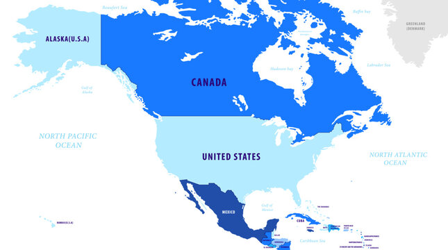 北米大陸色分け地図　Colored map of the North American Continent