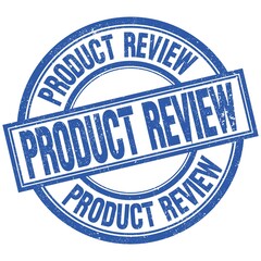 PRODUCT REVIEW written word on blue stamp sign