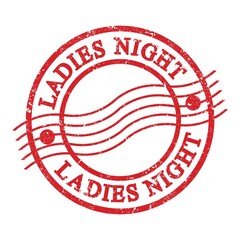 LADIES NIGHT, text written on red postal stamp.