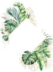 Frame made with green and golden watercolor tropical leaves, isolated wedding illustration