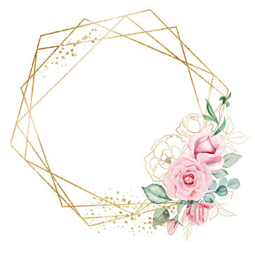 Geometric Golden Frame Frame Made Of Pink Watercolor Flowers And Green Leaves