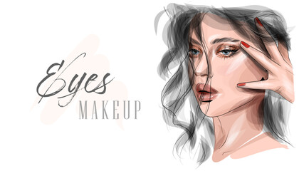 Vector beautiful woman face. Girl portrait with long black lashes