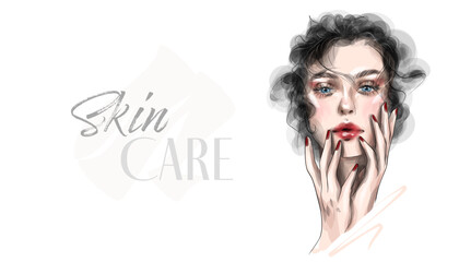  Skin care routine. Fashion woman sketch. Spa beauty concept. Hand drawn vector illustration. 