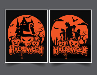 Halloween night party background with pumpkins, full Moon, Halloween banner vectot
