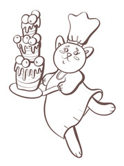 illustration contour line cute funny character in cartoon style cat cook pastry chef with big cake design elements