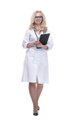 female therapist with clipboard striding forward . isolated on a white