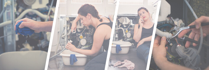 Woman Mopping Up Leaking Sink On Phone To Plumber - montage concept - banner format
