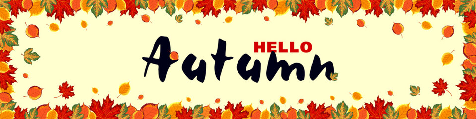 Banner hello autumn. Bright orange leaves around the area with text. Autumn design. Templates for posters, banners, flyers, presentations. Vector illustration