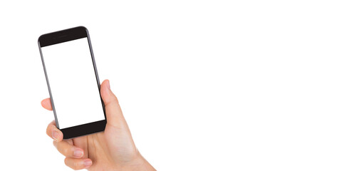 hand holding mobile smartphone isolated on white background